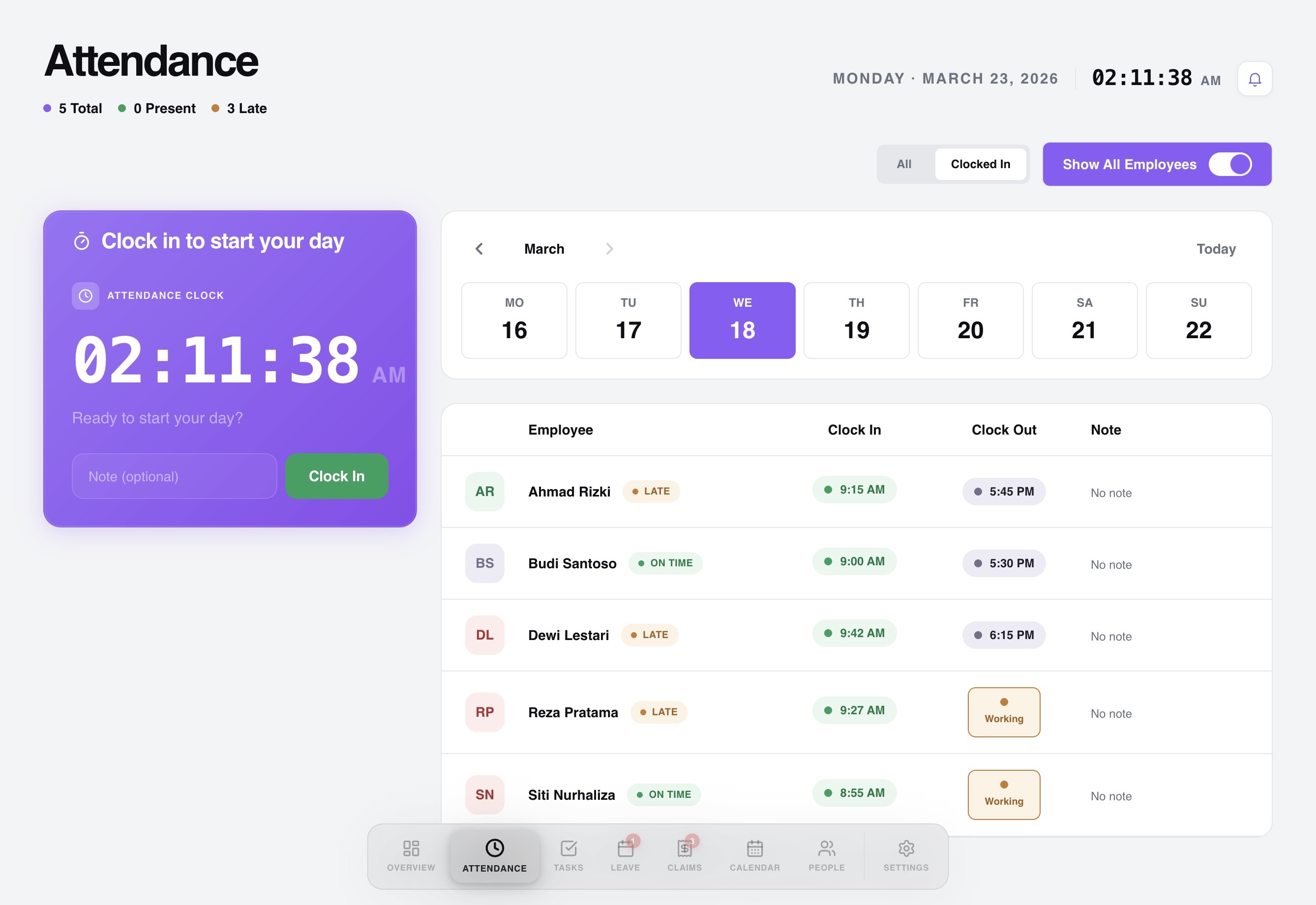 Workived attendance tracking with clock in, employee time log and late status badges