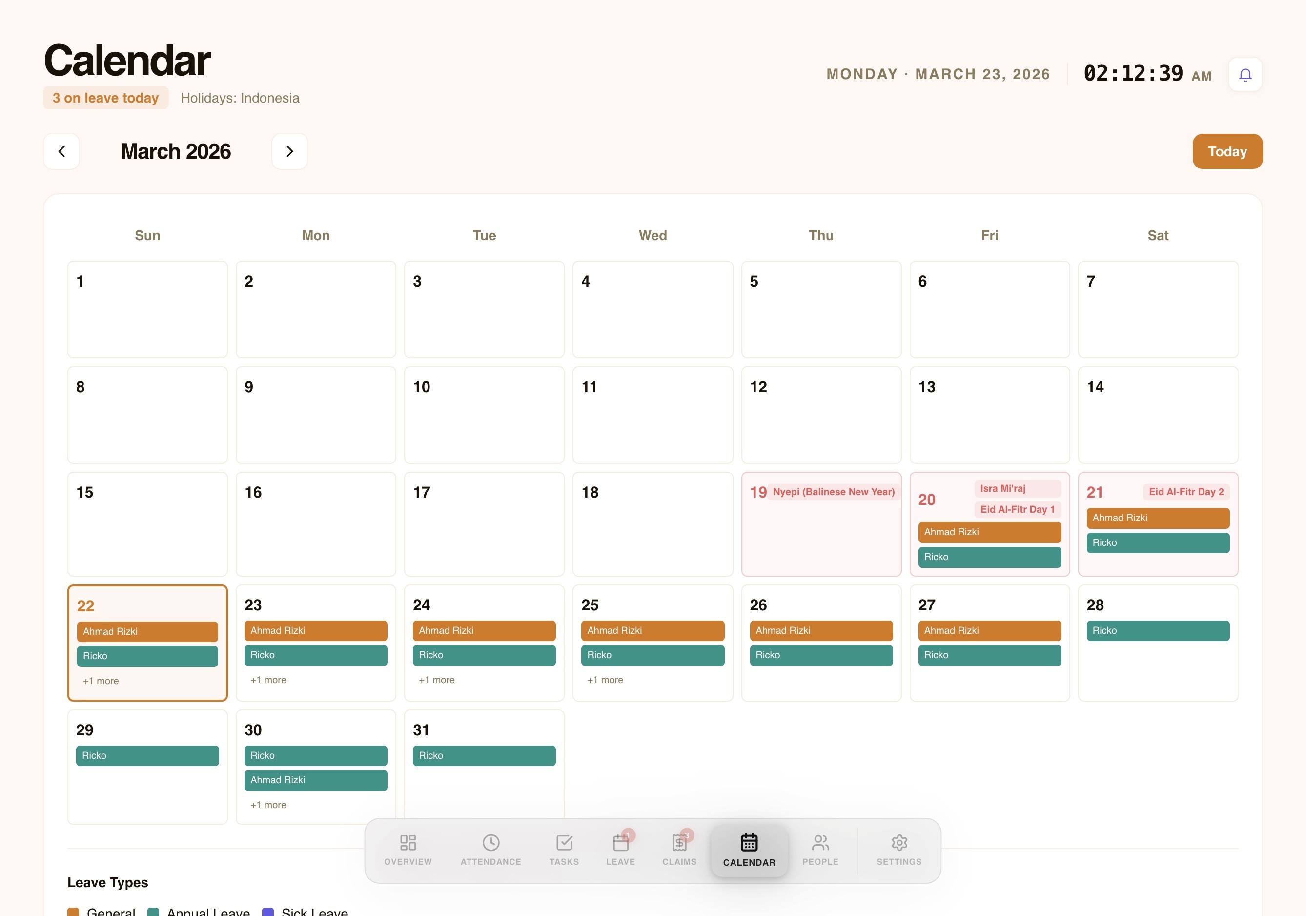 Workived team calendar showing employee leave schedules and public holidays
