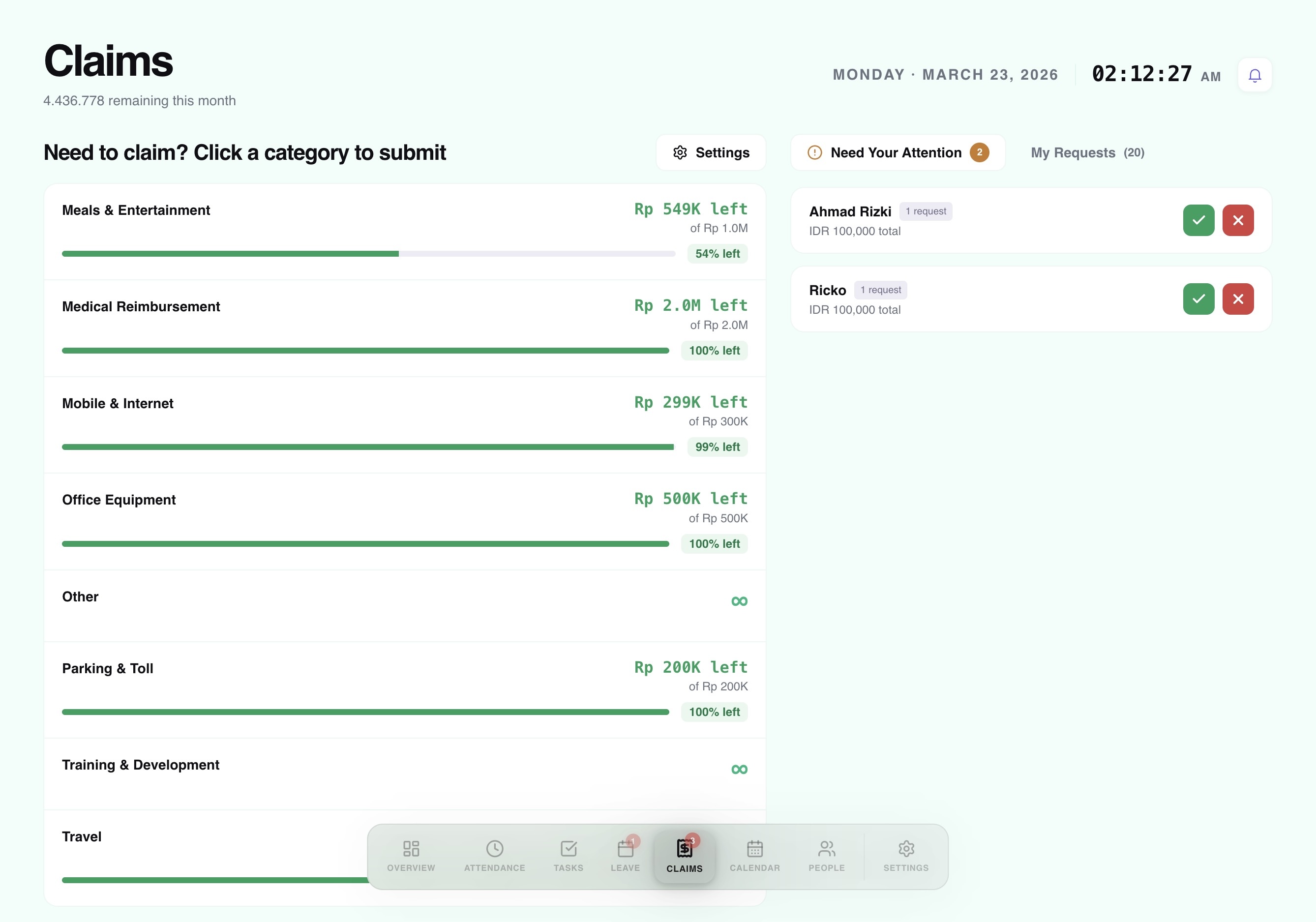 Workived expense claims with budget categories, remaining limits and approval workflow