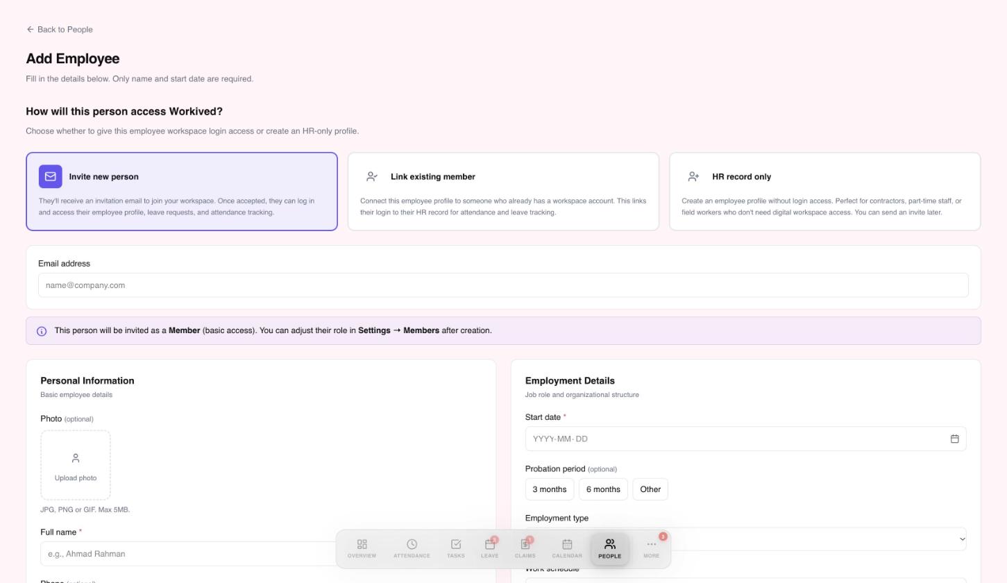 The Add Employee form with the three access options