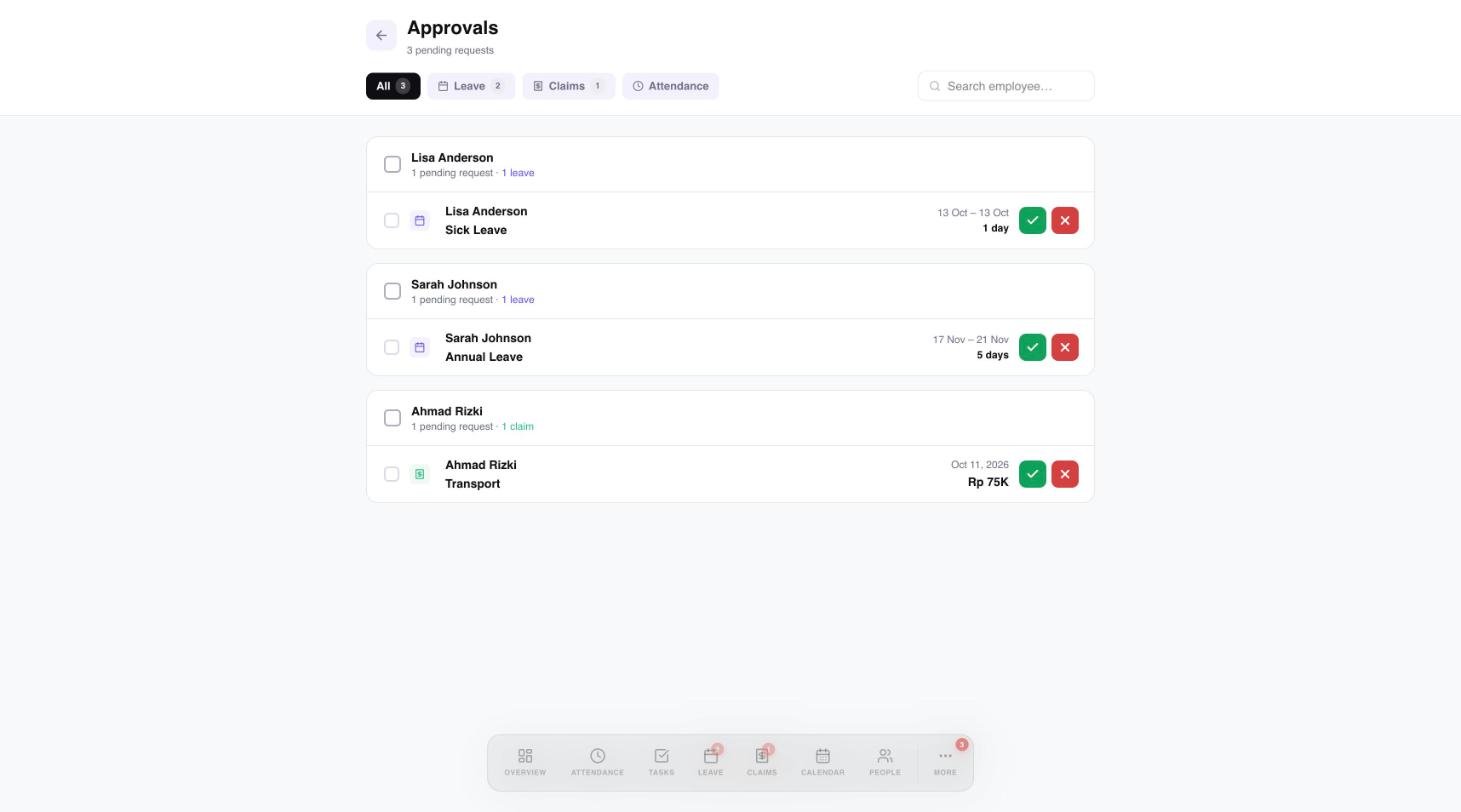 The Approvals page grouping pending leave and claim requests by employee