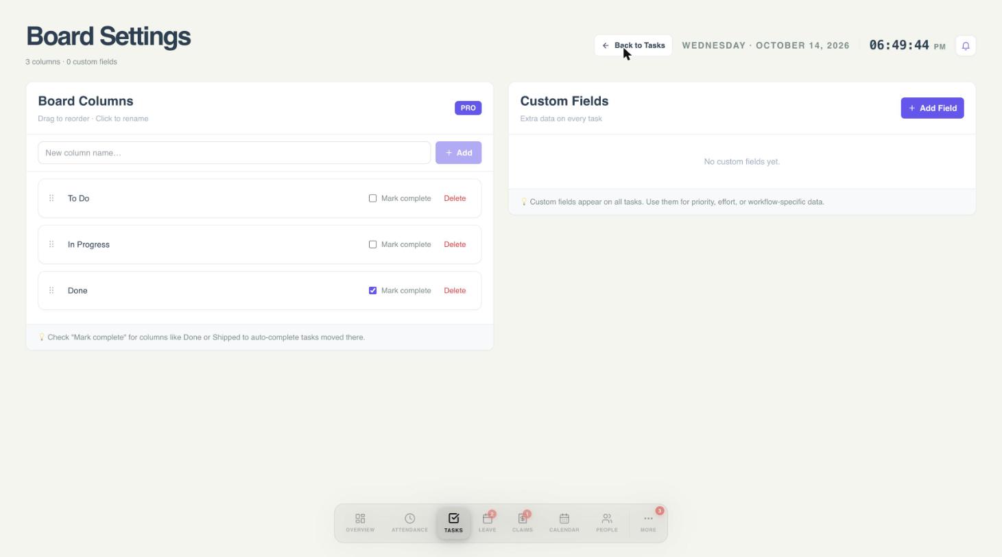 The Board Settings page with board columns and custom fields