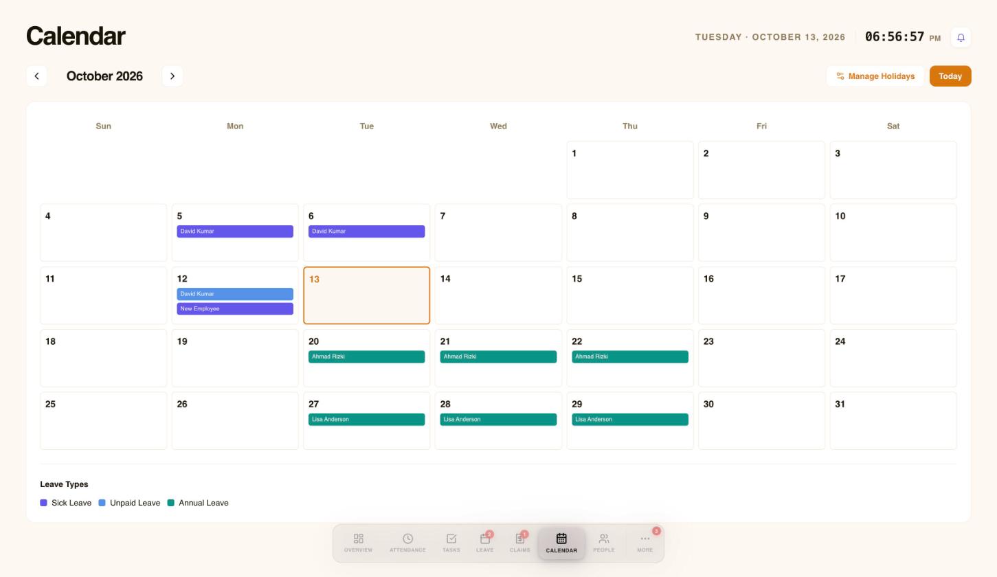 The Calendar page showing approved leave on a monthly grid