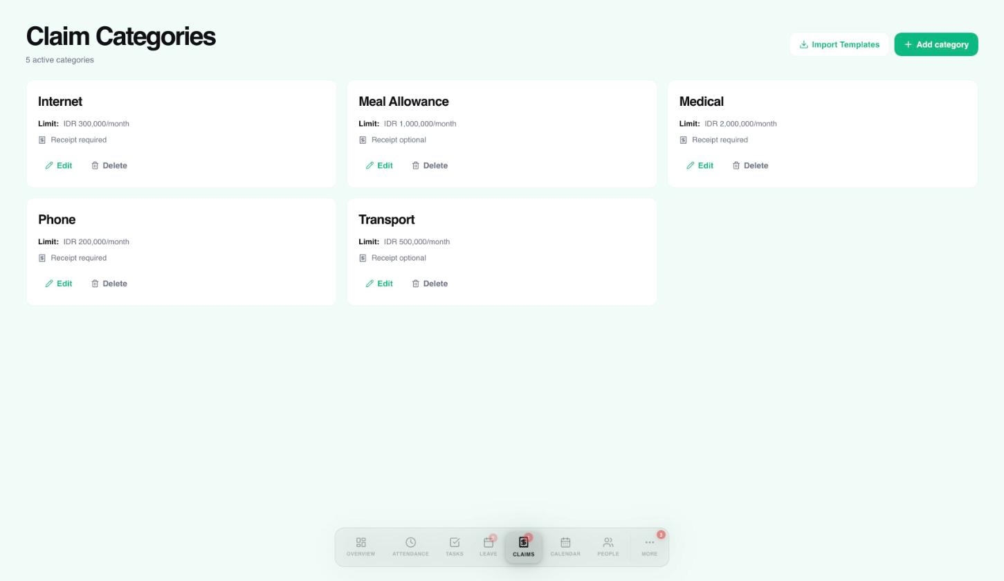 The Claim Categories page with five categories and their monthly limits