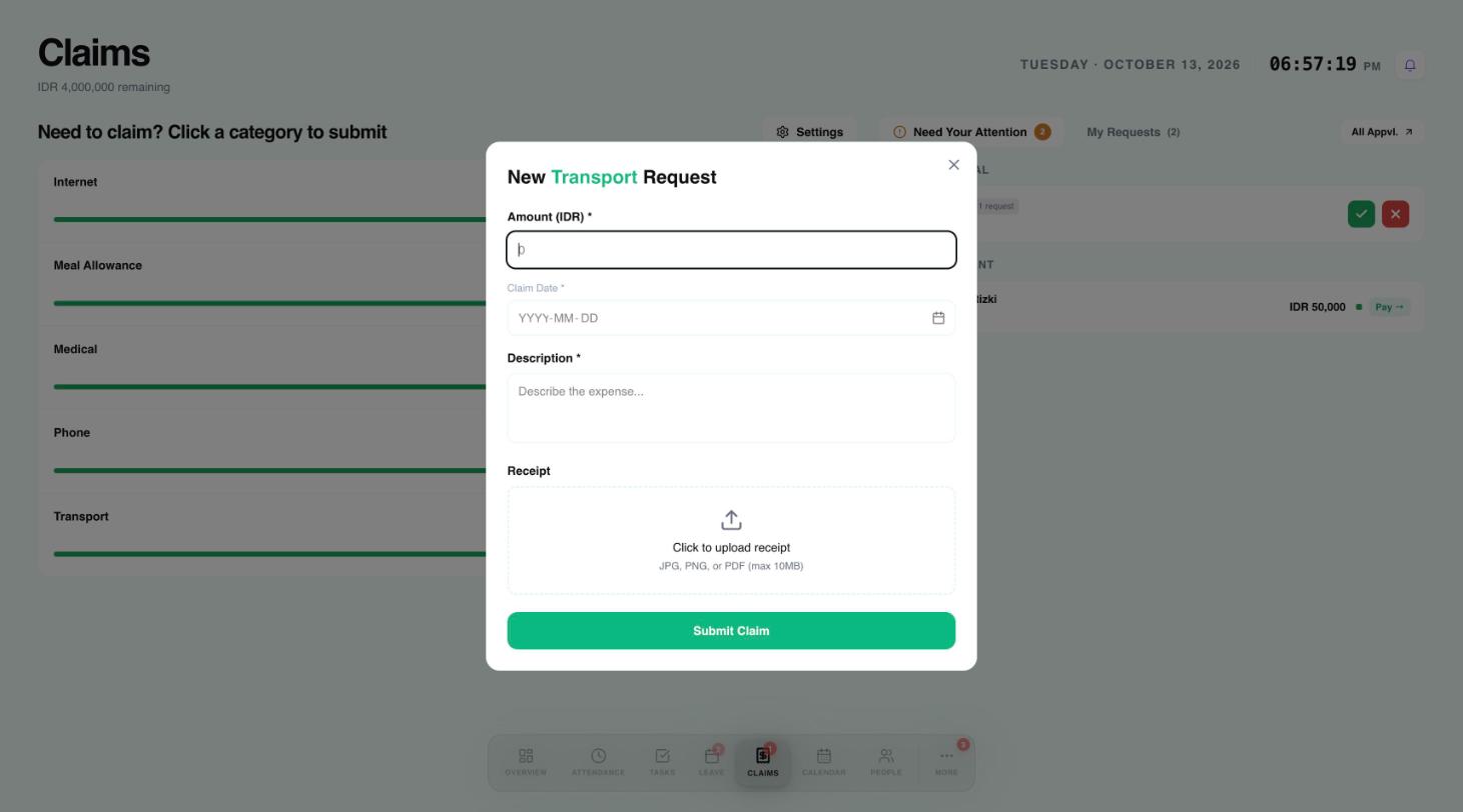 The new claim form with amount, date, description and receipt upload