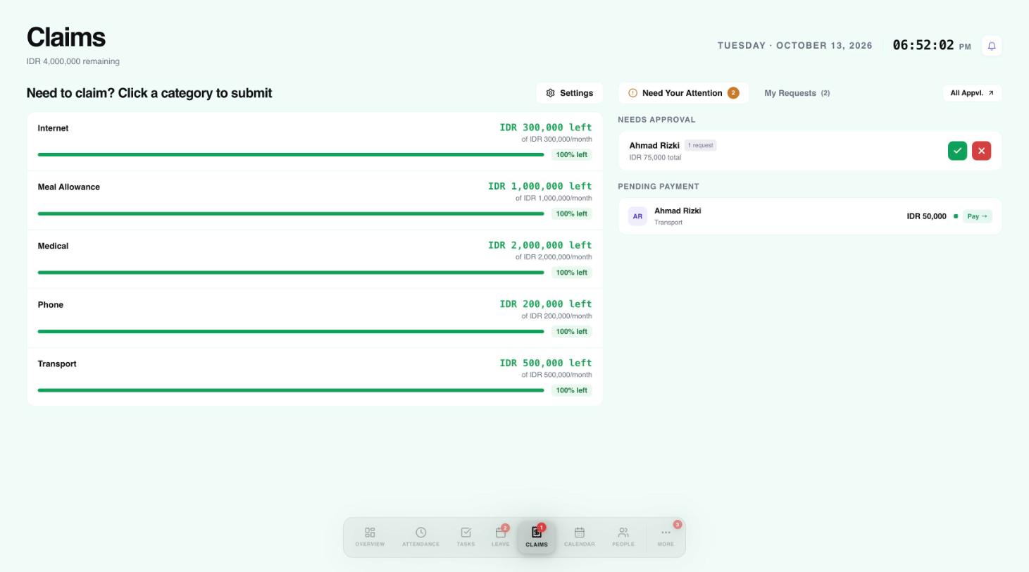 The Claims page with category budgets and claims waiting for approval and payment