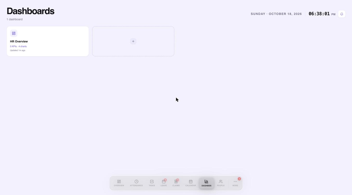 The Dashboards page listing one dashboard with its widget summary and a tile to add another
