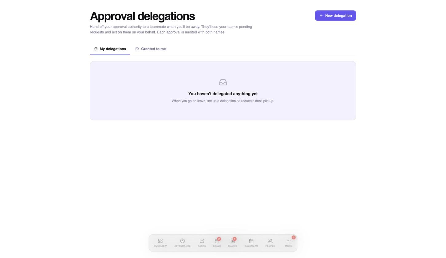 The Approval delegations page with My delegations and Granted to me tabs