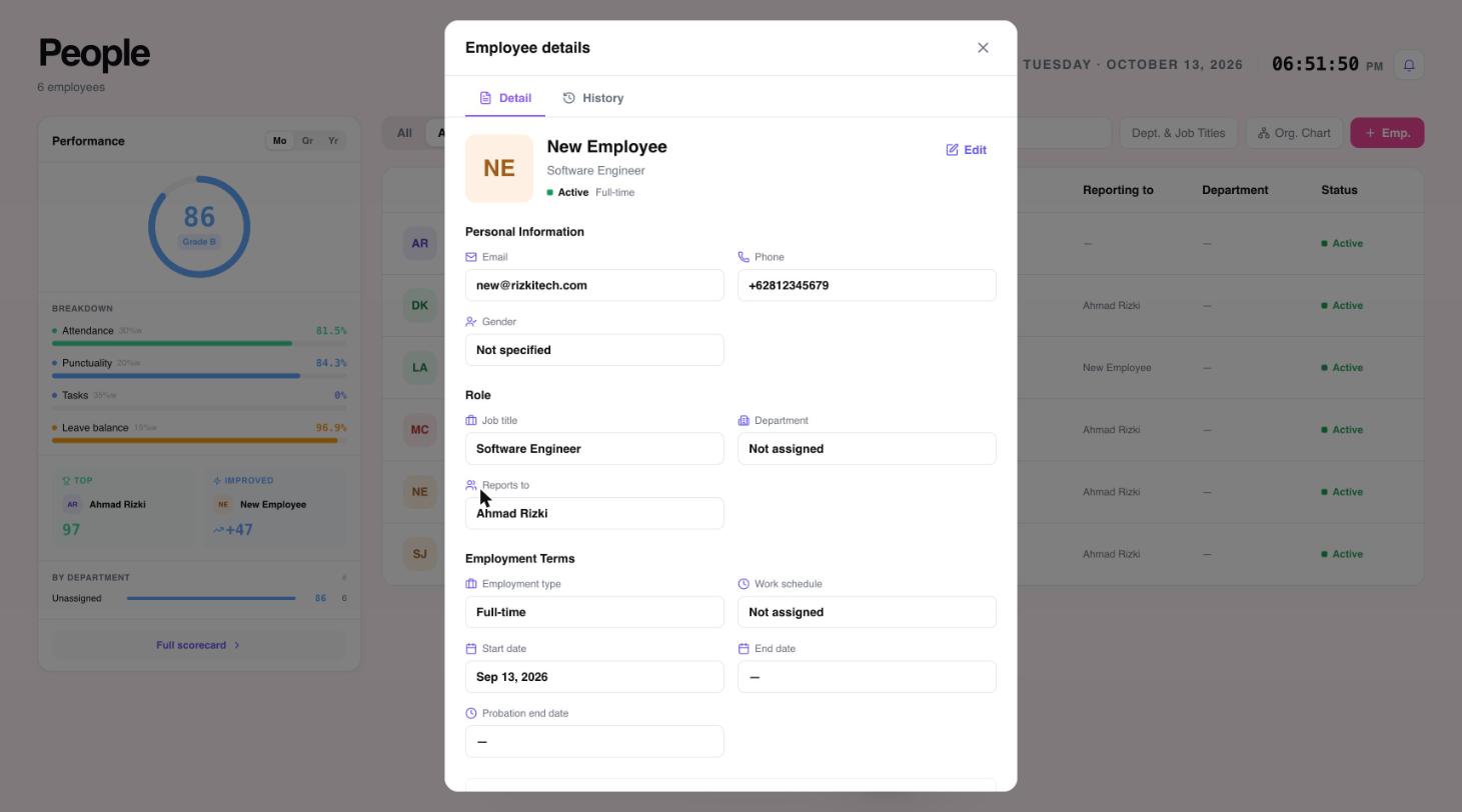 The employee details panel showing personal information, role and employment terms