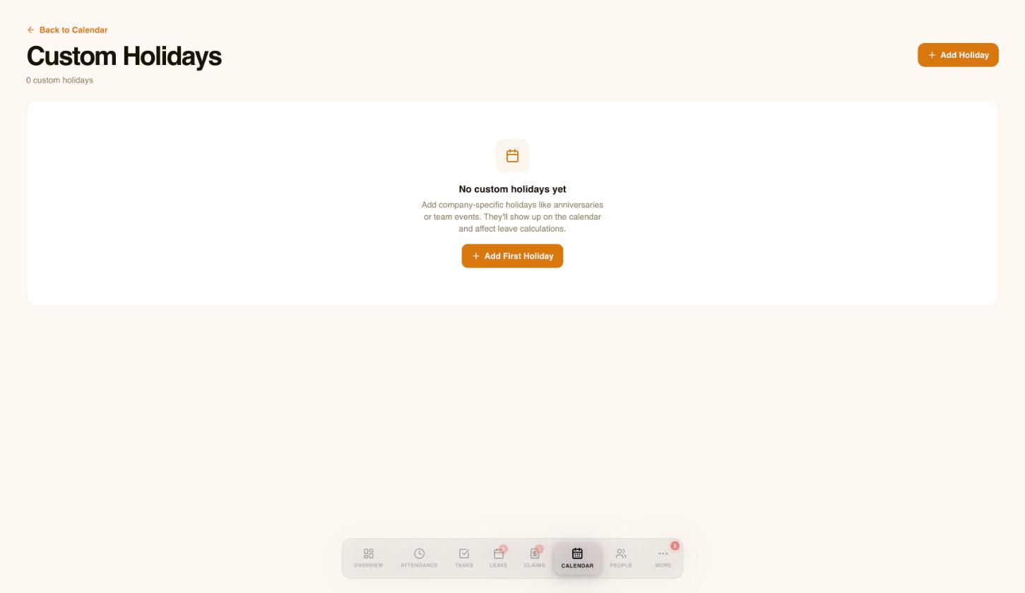 The Custom Holidays page with no holidays yet