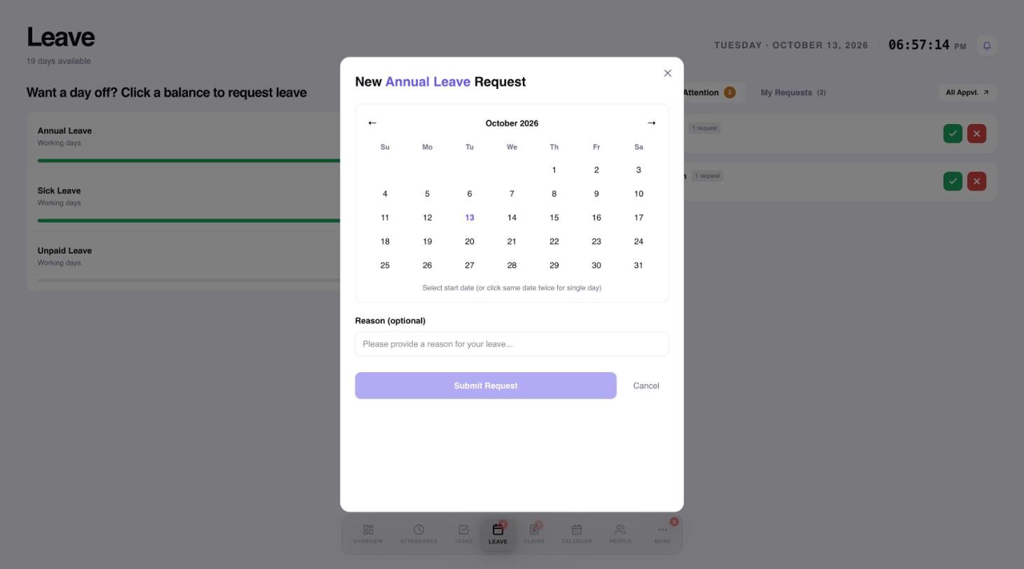 The new leave request form with a calendar and a reason field