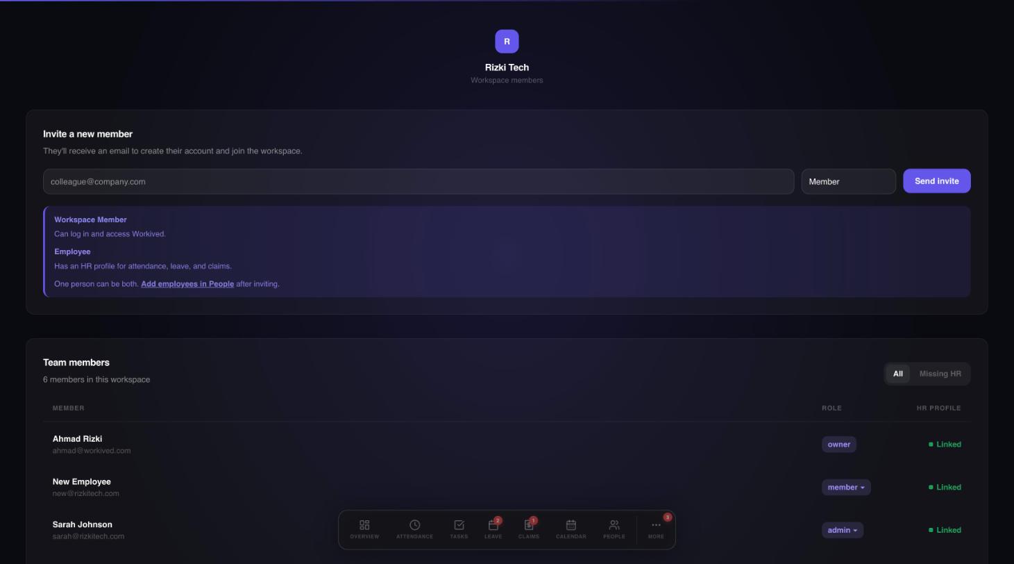 The workspace members page with an invite form and a team members table