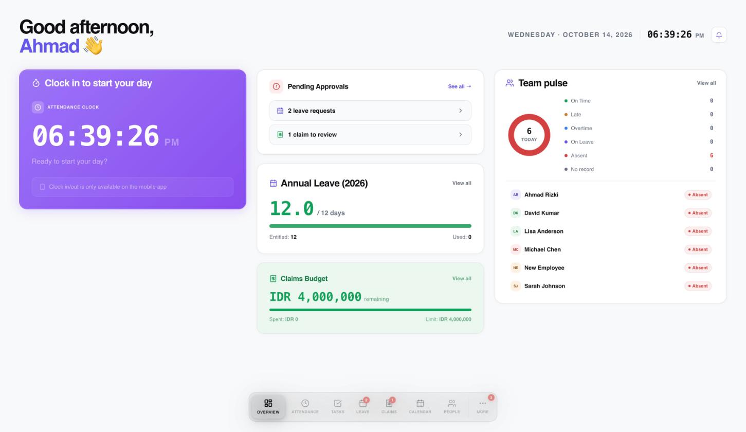 The Overview page with a clock card, pending approvals, leave balance, claims budget and team pulse