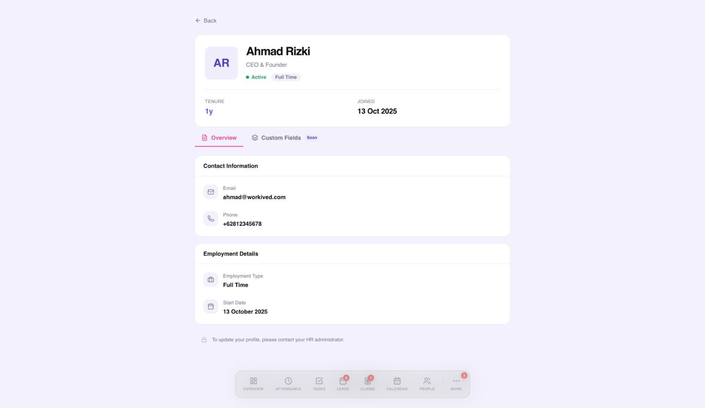 The profile page showing name, role, tenure, contact information and employment details