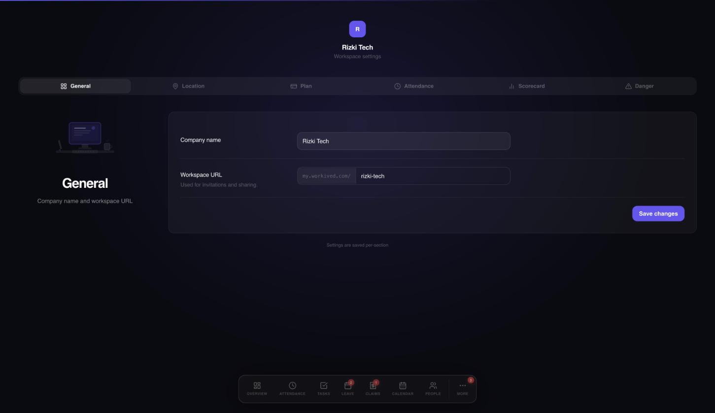 Workspace settings with tabs and the company name field