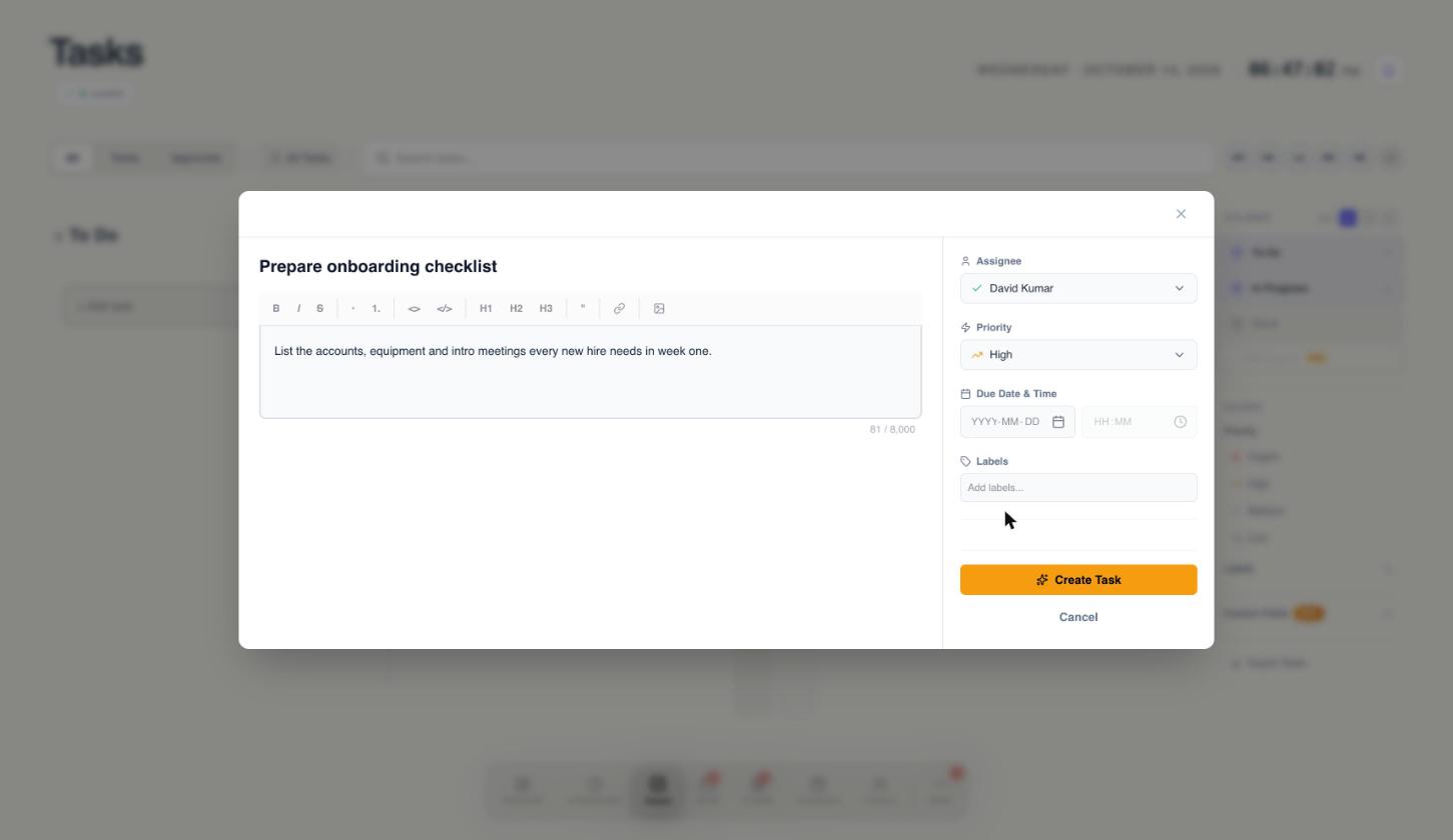 The new task form with name, description, assignee, priority, due date and labels