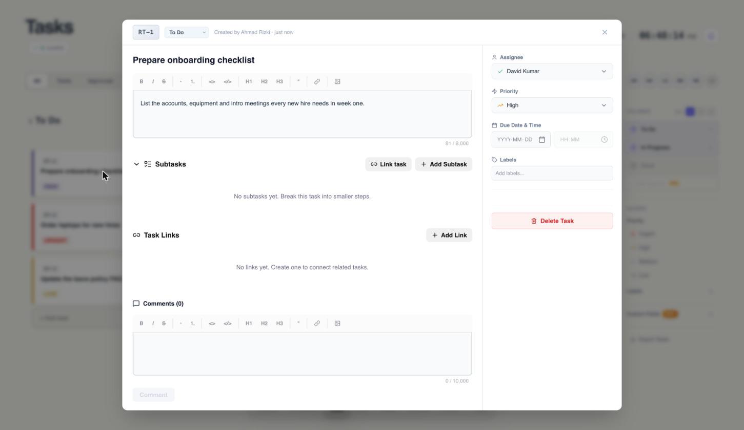 An open task showing description, subtasks, task links and comments