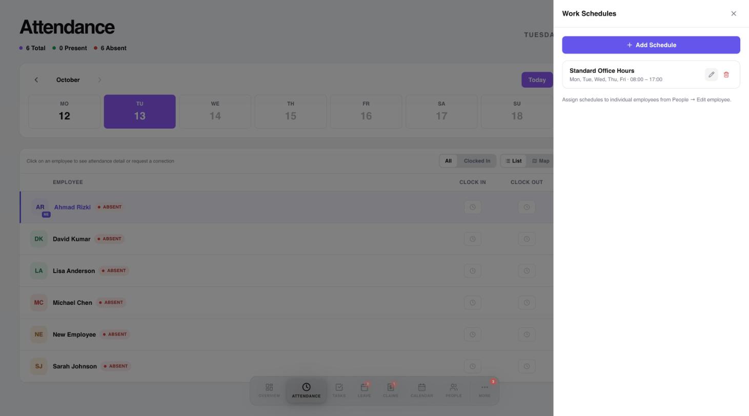 The Work Schedules panel listing Standard Office Hours