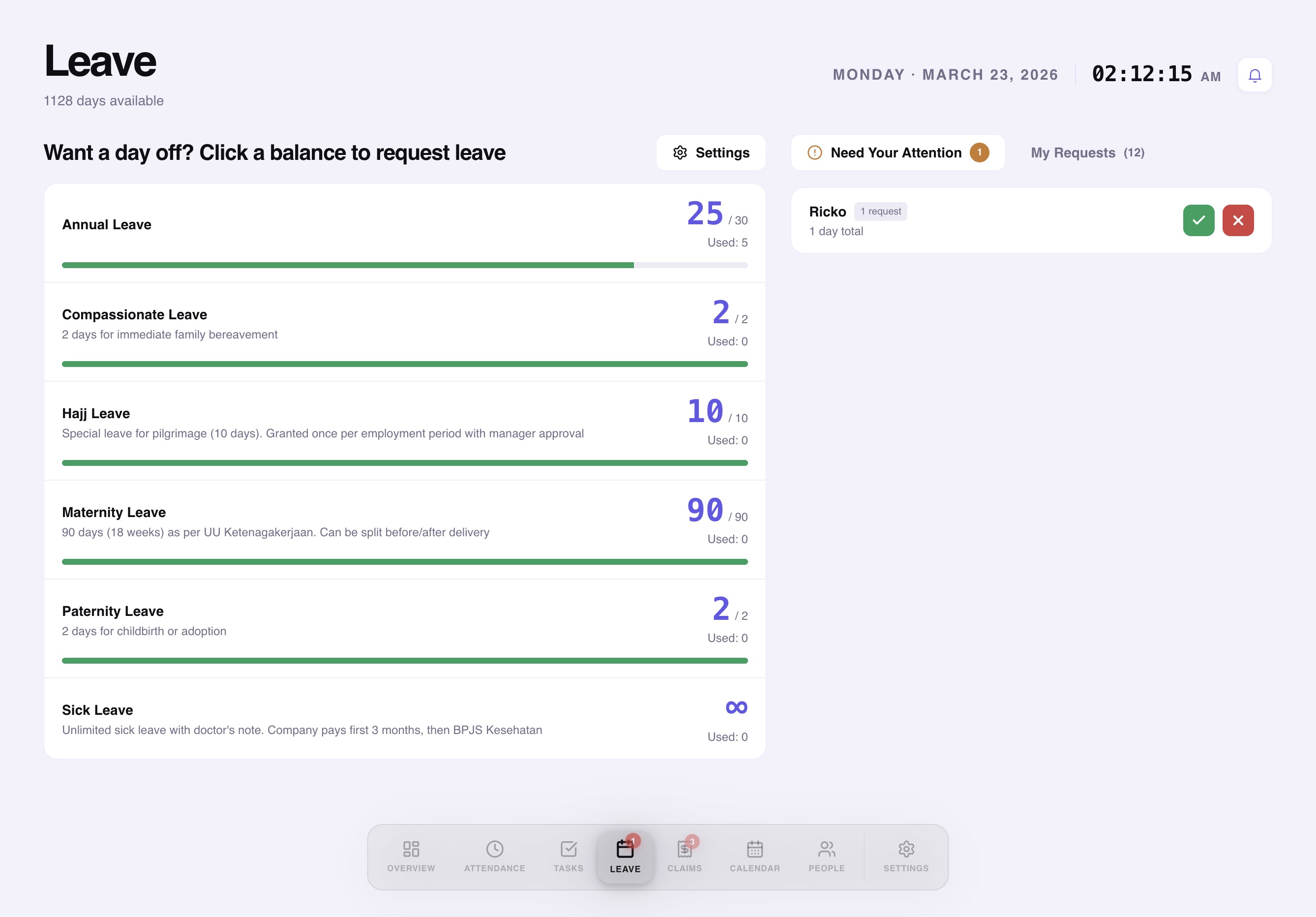 Workived leave management showing leave balances, request flow and manager approval queue