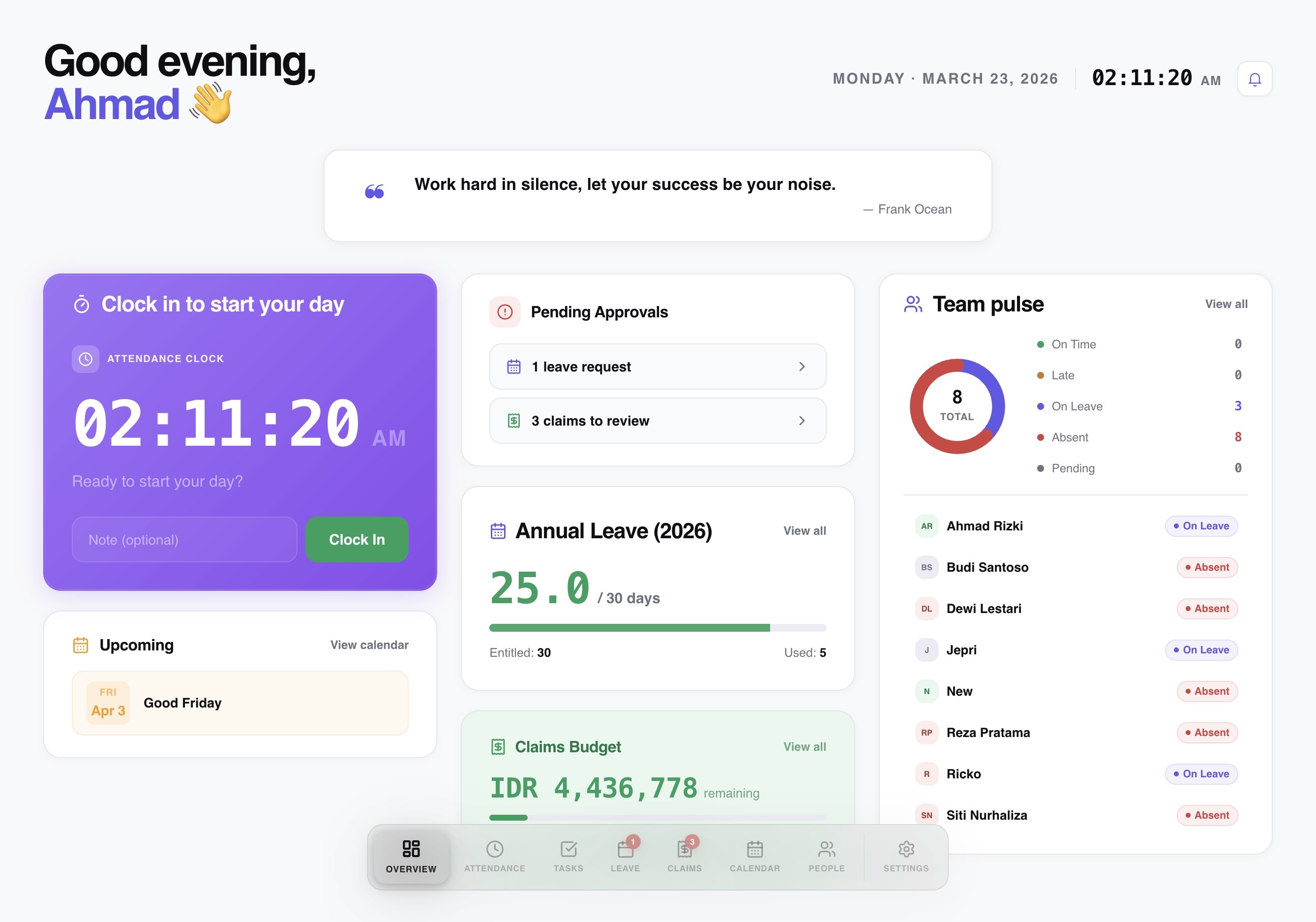 Workived overview dashboard showing attendance clock, pending approvals, leave balance and team pulse