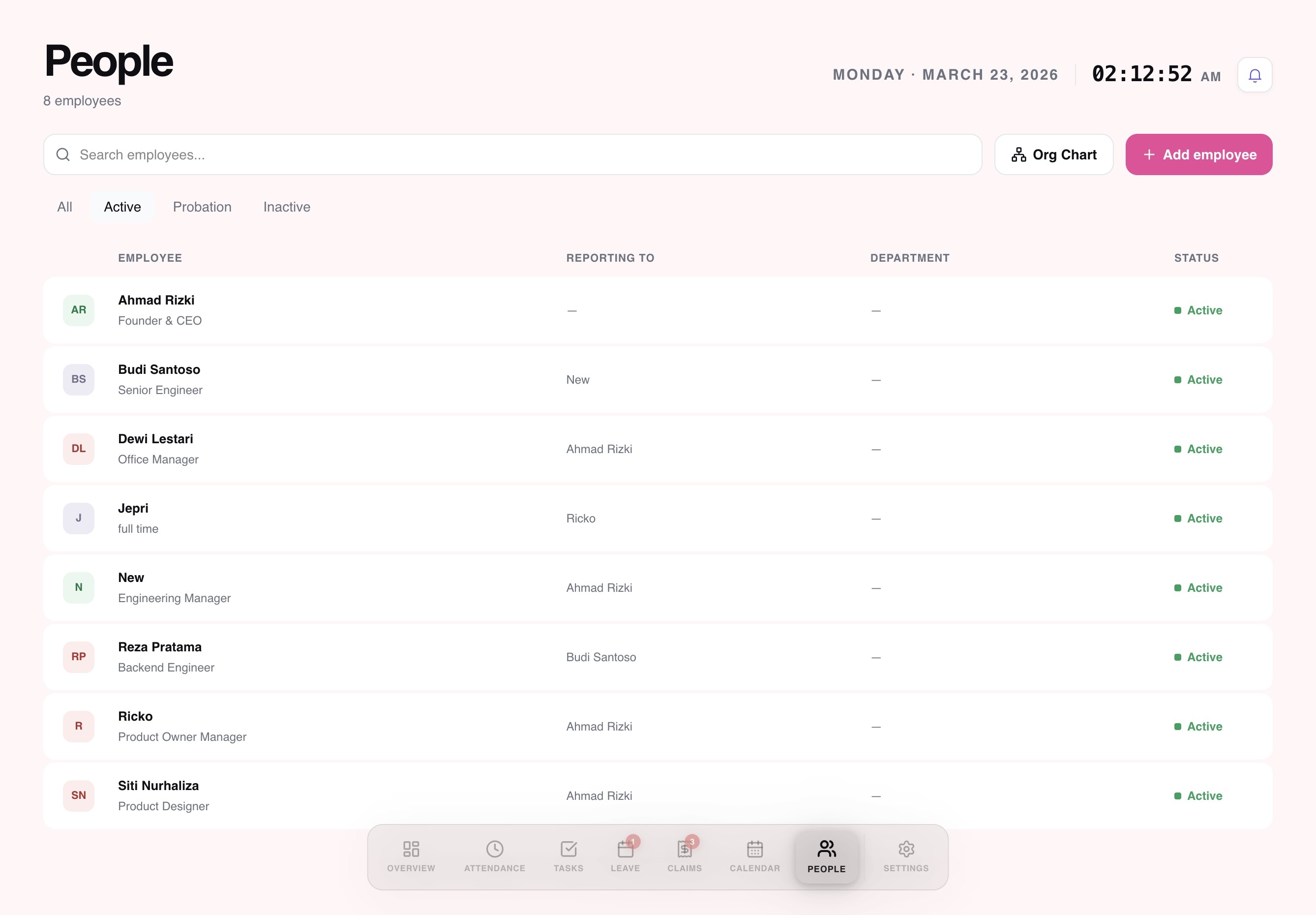 Workived people directory with employee profiles, reporting lines and status filters