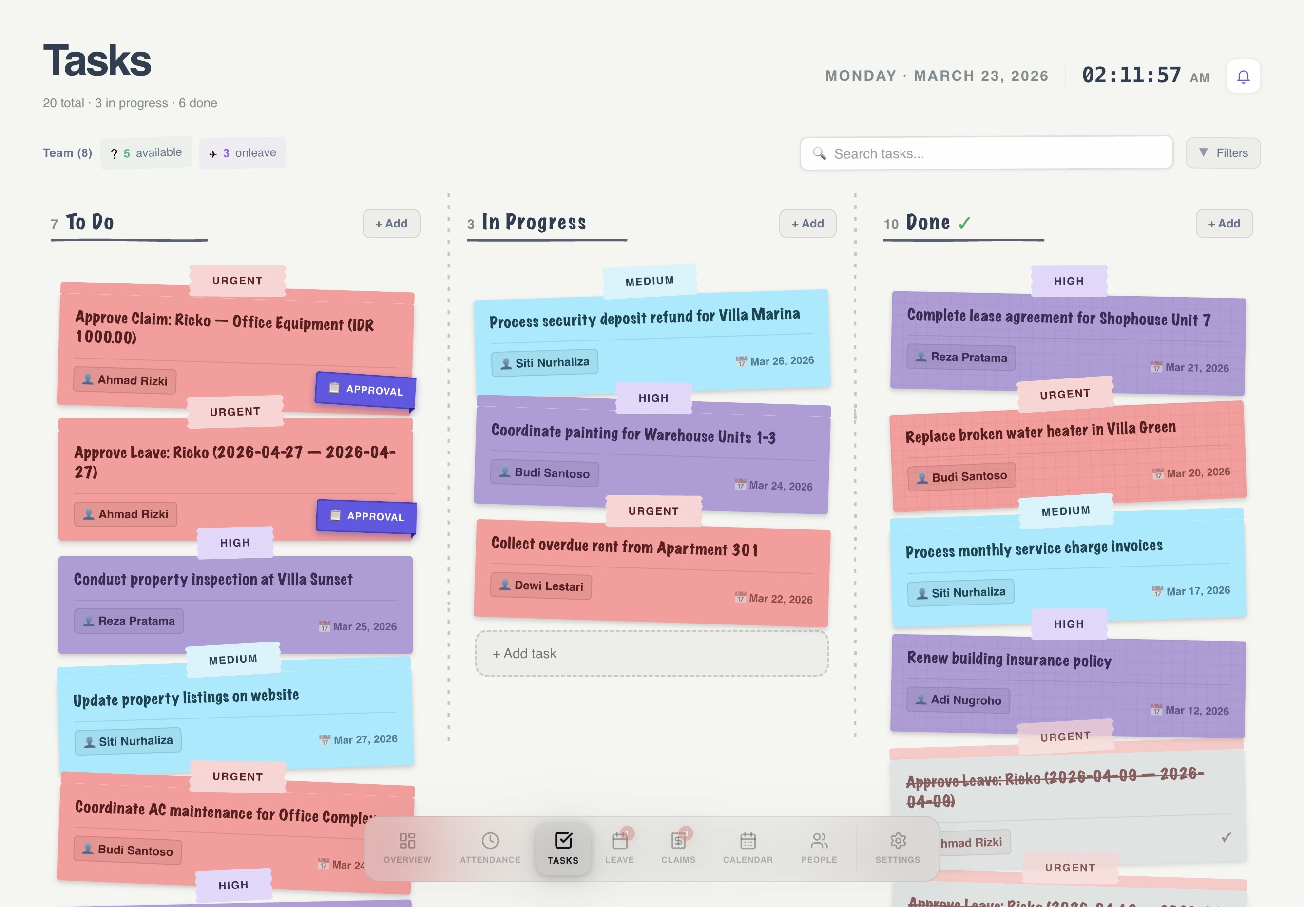 Workived kanban task board with drag-and-drop columns, priority labels and assignees